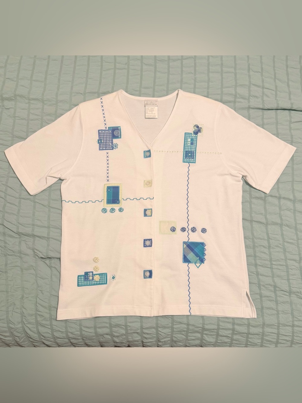 Koret Francisca Vintage Embroidered Short Sleeve Button Up Textured Top Size M